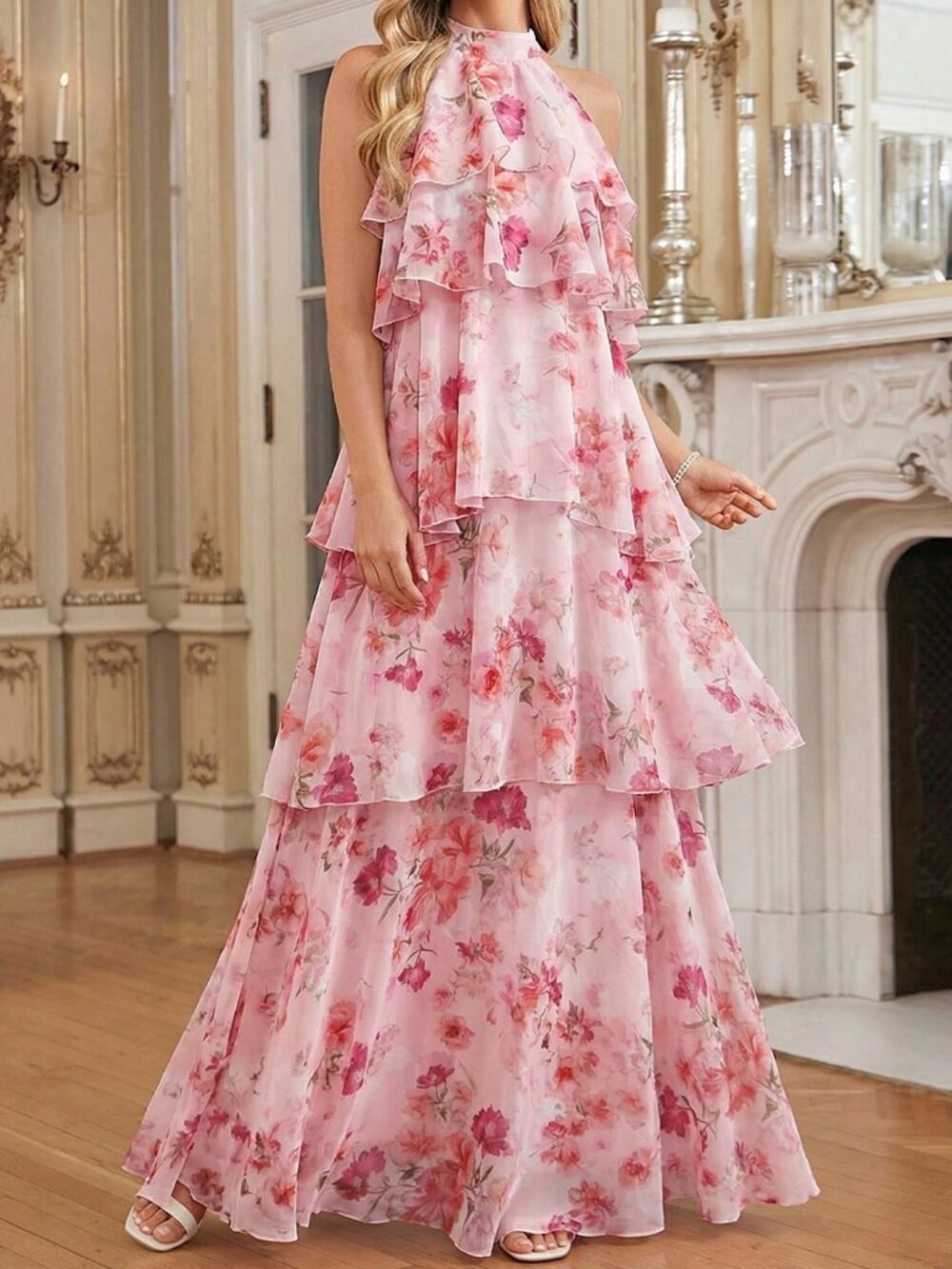 Multicolor Boho Women's Elegant Halter Neck Layered Ruffle Dress